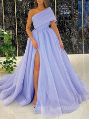 Prom Dresses Laces, Ball Gown One-Shoulder Sweep Train Organza Prom Dresses With Leg Slit