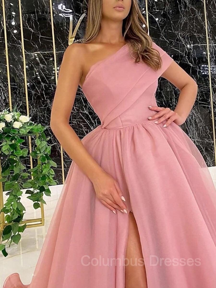 Prom Dress Lace, Ball Gown One-Shoulder Sweep Train Organza Prom Dresses With Leg Slit