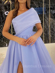Prom Dresses Long Beautiful, Ball Gown One-Shoulder Sweep Train Organza Prom Dresses With Leg Slit