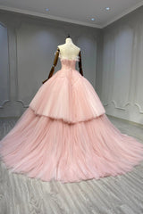 Tulle Dress, Ball Gown Pink Tulle Strapless Long Prom Evening Dress, Pink Sweet 16 Dress