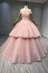 Functional Dress, Ball Gown Pink Tulle Strapless Long Prom Evening Dress, Pink Sweet 16 Dress
