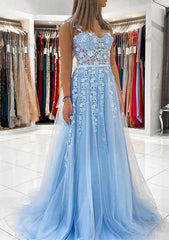 Prom Dress Boho, Ball Gown Princess Sweetheart Tulle Sweep Train Prom Dress With Appliqued Lace