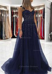 Prom Dress Outfits, Ball Gown Princess Sweetheart Tulle Sweep Train Prom Dress With Appliqued Lace