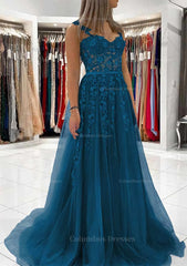 Prom Dress Outfit, Ball Gown Princess Sweetheart Tulle Sweep Train Prom Dress With Appliqued Lace