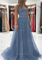 Prom Dress With Long Sleeves, Ball Gown Princess Sweetheart Tulle Sweep Train Prom Dress With Appliqued Lace
