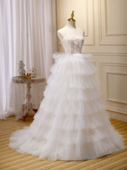 Prom Dresses Patterns, Ball-Gown/Princess Tulle White Long Prom Dresses With Beading Flower Cascading Ruffles