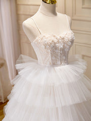 Prom Dress Pattern, Ball-Gown/Princess Tulle White Long Prom Dresses With Beading Flower Cascading Ruffles
