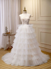 Prom Dresses 2026 Cheap, Ball-Gown/Princess Tulle White Long Prom Dresses With Beading Flower Cascading Ruffles