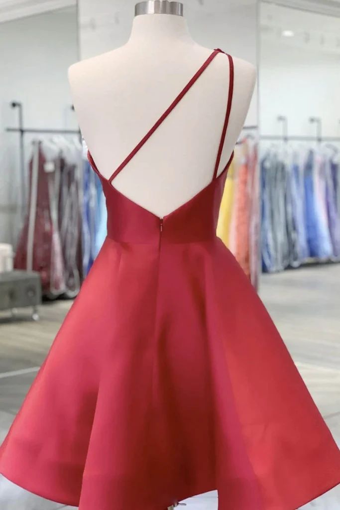 Semi Formal Dress, Ball Gown Red Hand-Made Flowers Satin One Shoulder Sleeveless Short Homecoming Dresses