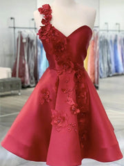 Classy Dress, Ball Gown Red Hand-Made Flowers Satin One Shoulder Sleeveless Short Homecoming Dresses