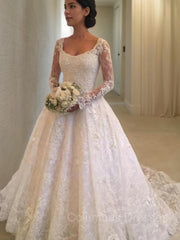 Wedding Dresses Petite, Ball Gown Scoop Cathedral Train Lace Wedding Dresses With Ruffles