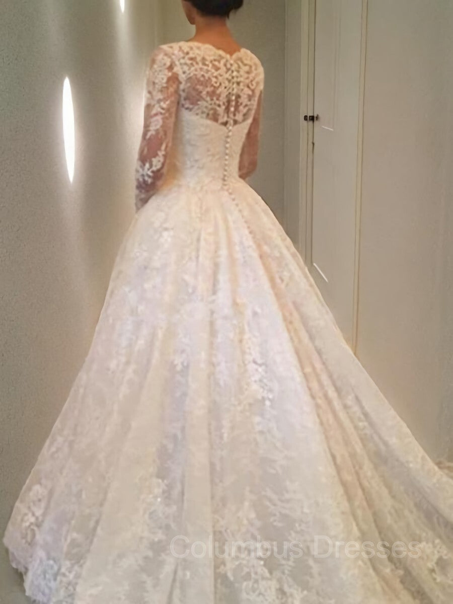 Wedding Dresses Fit, Ball Gown Scoop Cathedral Train Lace Wedding Dresses With Ruffles