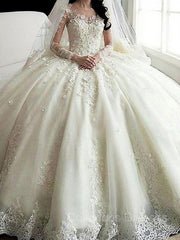 Wedding Dress Deals, Ball Gown Scoop Cathedral Train Tulle Wedding Dresses With Appliques Lace