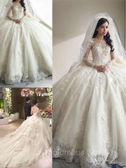 Wedding Dress With Straps, Ball Gown Scoop Cathedral Train Tulle Wedding Dresses With Appliques Lace