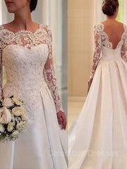 Wedding Dresses Under 106, Ball Gown Scoop Court Train Satin Wedding Dresses With Lace