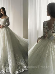 Wedding Dresses A Line, Ball Gown Scoop Court Train Tulle Wedding Dresses With Appliques Lace