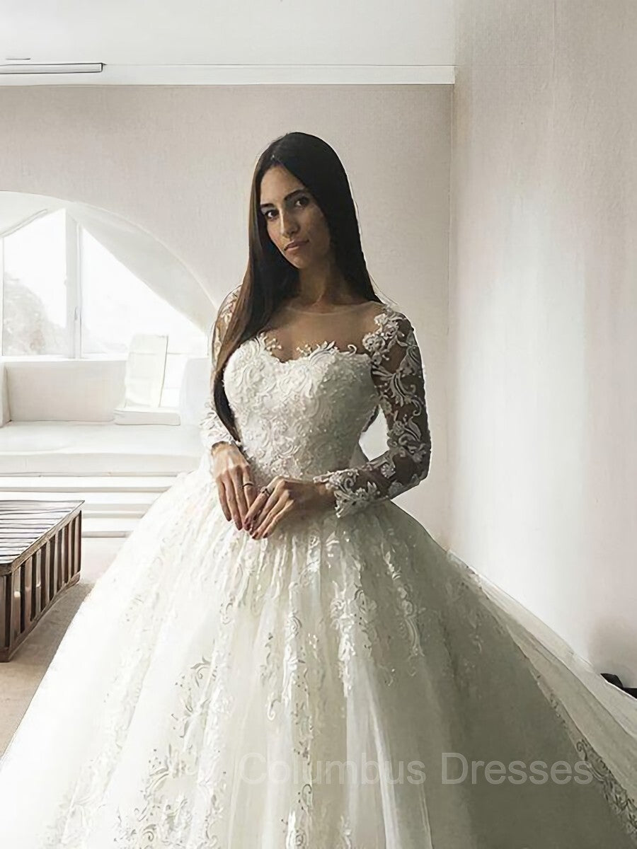 Wedding Dress Dress, Ball Gown Scoop Court Train Tulle Wedding Dresses With Appliques Lace