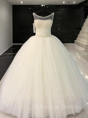 Wedding Dress Rustic, Ball Gown Scoop Floor-Length Tulle Wedding Dresses With Beading
