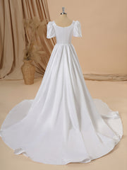 Wedding Dresses With Sleeves Lace, Ball Gown Short Sleeves Charmeuse Square Chapel Train Wedding Dress