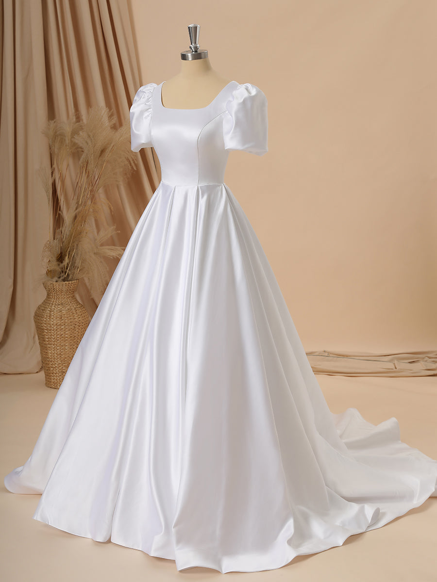 Wedding Dress With Color, Ball Gown Short Sleeves Charmeuse Square Chapel Train Wedding Dress
