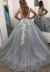 Sage Green Bridesmaid Dress, Ball Gown Sleeveless Long/Floor-Length Tulle Prom Dress With Lace Appliqued Beading