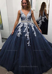 Small Wedding Ideas, Ball Gown Sleeveless Long/Floor-Length Tulle Prom Dress With Lace Appliqued Beading