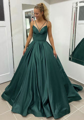 Cute Prom Dress, Ball Gown Sleeveless Scalloped Neck Sweep Train Satin Prom Dress With Pleated Pockets