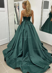 Wedding Guest, Ball Gown Sleeveless Scalloped Neck Sweep Train Satin Prom Dress With Pleated Pockets