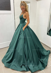 Sequin Dress, Ball Gown Sleeveless Scalloped Neck Sweep Train Satin Prom Dress With Pleated Pockets