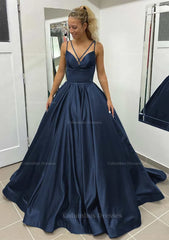 Wedding Pictures, Ball Gown Sleeveless Scalloped Neck Sweep Train Satin Prom Dress With Pleated Pockets