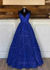 Homecoming Dress Short Tight, Ball Gown Sleeveless V Neck Long/Floor-Length Sequined Sparkling Prom Dress With Pleated