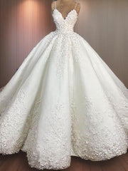 Wedding Dresses Uk, Ball-Gown Spaghetti Straps Applique Floor-Length Satin Wedding Dress