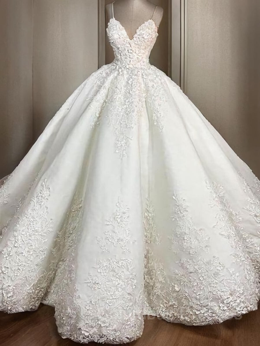 Wedding Dresses For Shorter Brides, Ball Gown Spaghetti Straps Floor-Length Satin Wedding Dresses