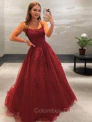 Homecoming Dress Long, Ball Gown Spaghetti Straps Sweep Train Tulle Prom Dresses With Appliques Lace