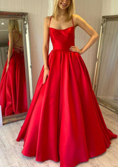 Prom Dresses Tulle, Ball Gown Square Neckline Sleeveless Satin Sweep Train Prom Dress With Pleated Pockets