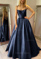Prom Dress Blue, Ball Gown Square Neckline Sleeveless Satin Sweep Train Prom Dress With Pleated Pockets