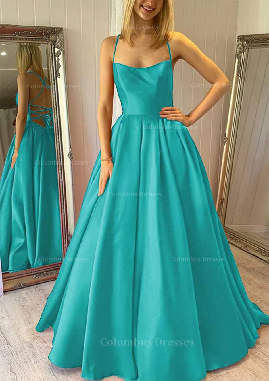 Prom Dresses Blues, Ball Gown Square Neckline Sleeveless Satin Sweep Train Prom Dress With Pleated Pockets