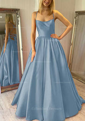 Prom Dressed Blue, Ball Gown Square Neckline Sleeveless Satin Sweep Train Prom Dress With Pleated Pockets