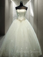 Wedding Dresses Ideas, Ball Gown Strapless Floor-Length Tulle Wedding Dresses With Rhinestone