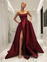 Prom Dress Short, Ball Gown Strapless Sweep Train Satin Prom Dresses With Leg Slit