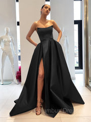 Prom Dress For Teens, Ball Gown Strapless Sweep Train Satin Prom Dresses With Leg Slit
