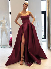 Prom Dress With Pockets, Ball Gown Strapless Sweep Train Satin Prom Dresses With Leg Slit