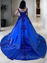 Homecomming Dress Black, Ball Gown Straps Court Train Satin Evening Dresses With Appliques Lace