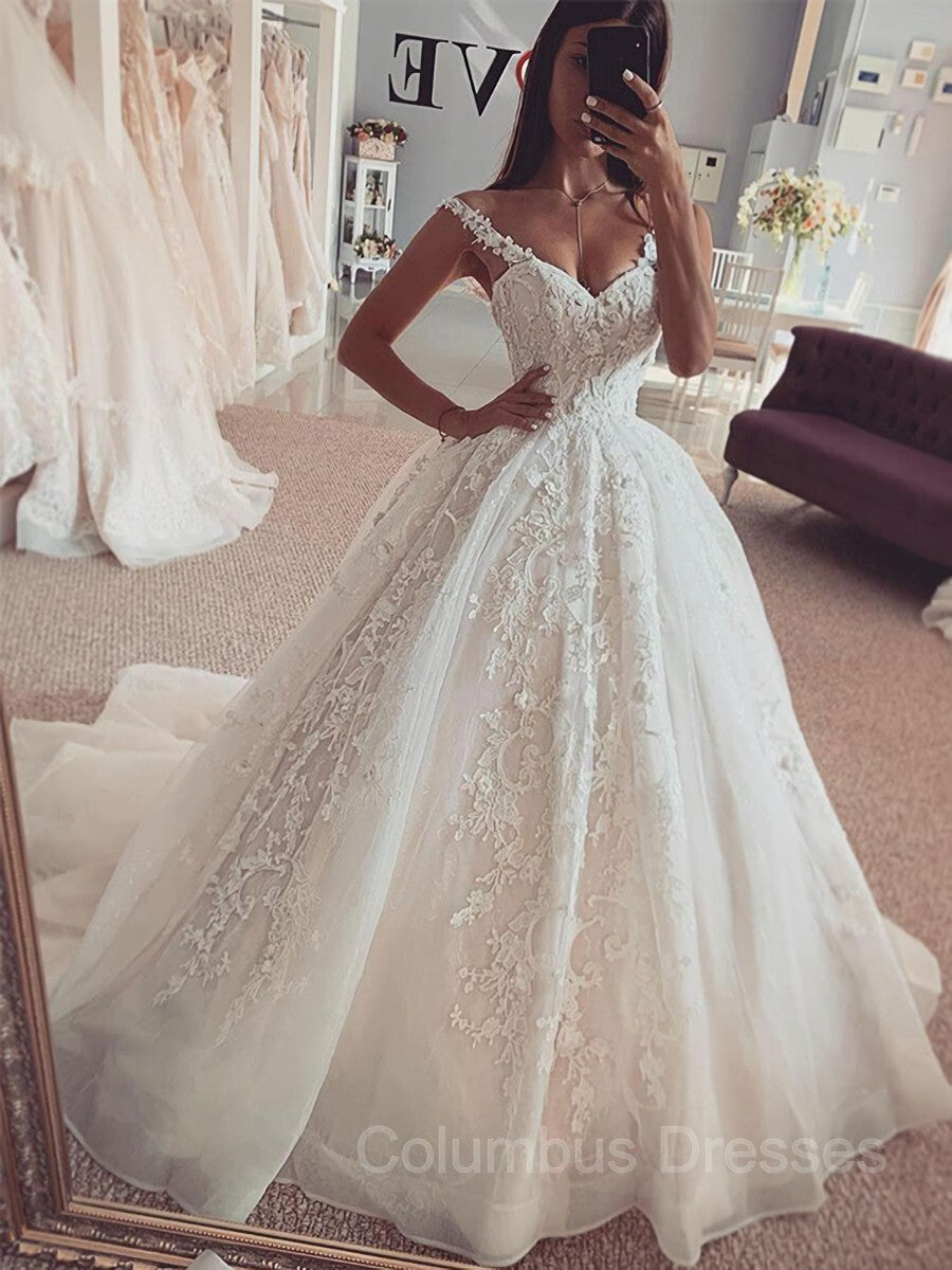 Wedding Dress Shops Near Me, Ball Gown Straps Sweep Train Tulle Wedding Dresses With Appliques Lace