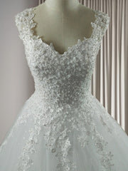 Wedding Dresses Short Bride, Ball-Gown Sweetheart Applique Floor-Length Tulle Wedding Dress