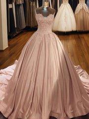 Prom Dress Corset Ball Gown, Ball-Gown Sweetheart Appliques Lace Court Train Satin Dress