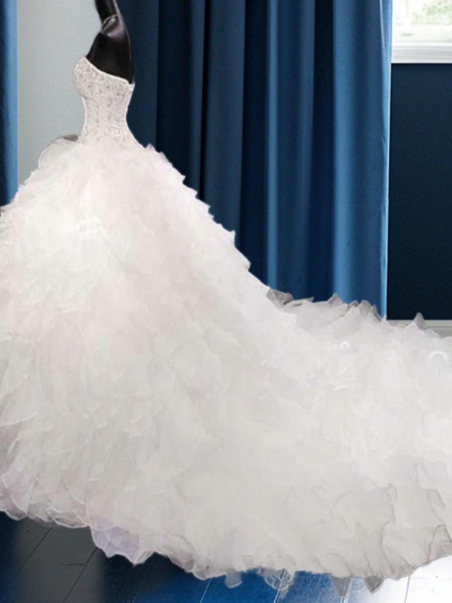 Wedding Dress For Large Bust, Ball-Gown Sweetheart Beading Cathedral Train Organza Wedding Dress