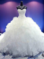 Wedding Dresses Vintage Lace, Ball-Gown Sweetheart Beading Cathedral Train Organza Wedding Dress