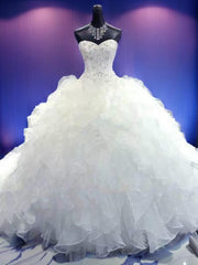 Wedding Dress Short Bride, Ball-Gown Sweetheart Beading Cathedral Train Organza Wedding Dress