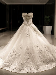 Wedding Dress 2028, Ball Gown Sweetheart Cathedral Train Tulle Wedding Dresses With Sequin